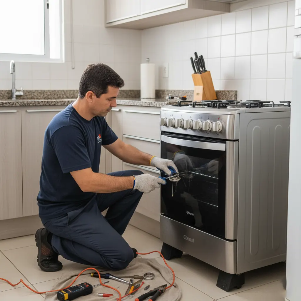 Equipe técnica instalando fogão